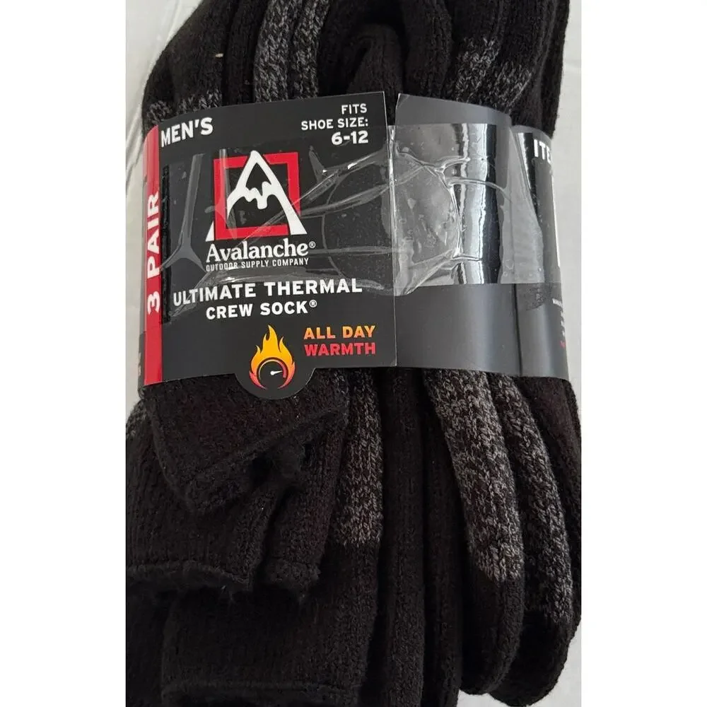 Avalanche Outdoor Supply Men's 3pk Ultimate Thermal Crew Socks Black Size 6-12